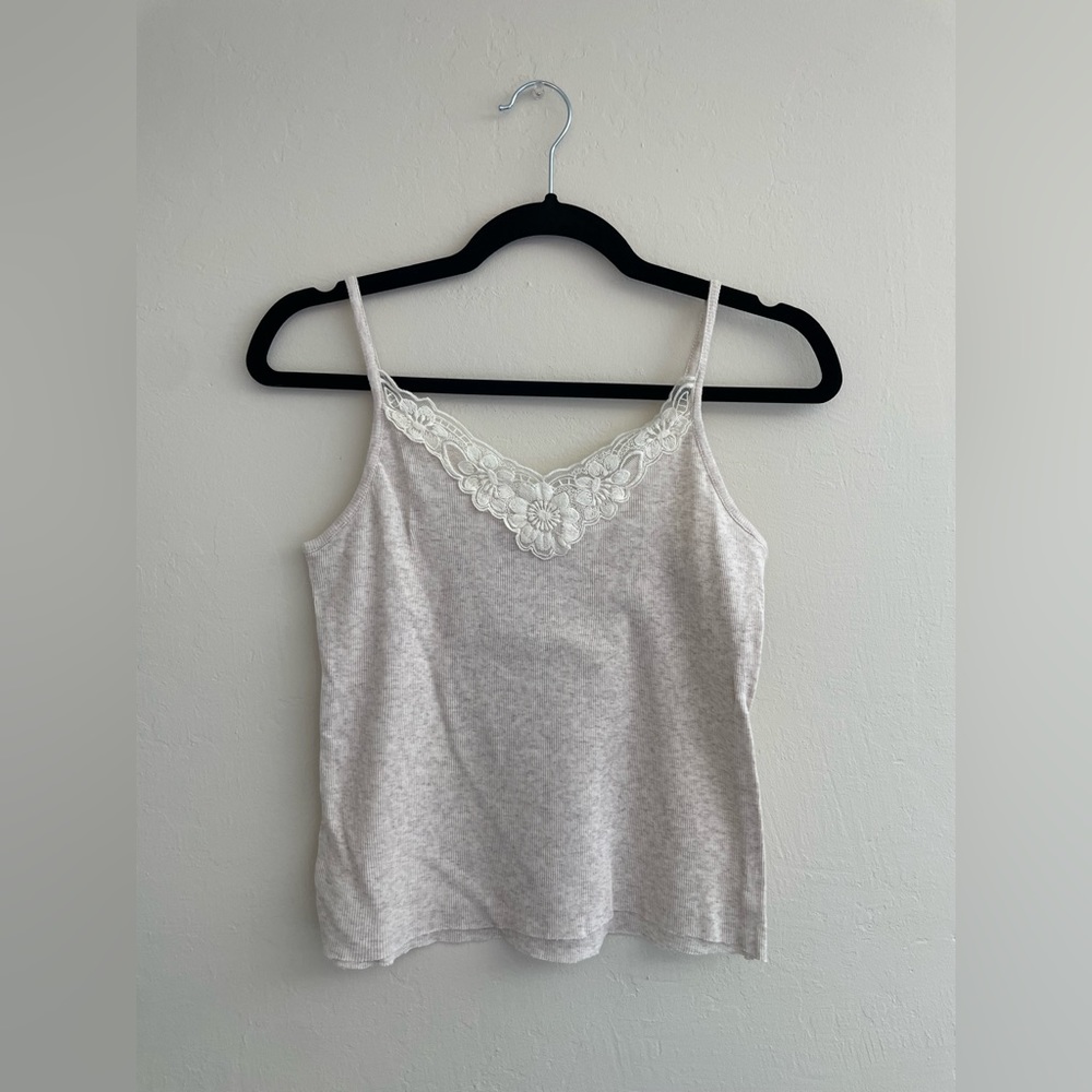Heather Grey Lace Neck Trim Spaghetti Strap Camisole with raw cut hem NWOT